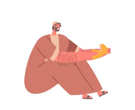 Illustration for Bearded Sitting Male Character Contentedly Eating Bread. Listener of Sermons of Jesus Christ Isolated on White Background. Famous Biblical Story about God Miracle. Cartoon People Vector Illustration - Royalty Free Image