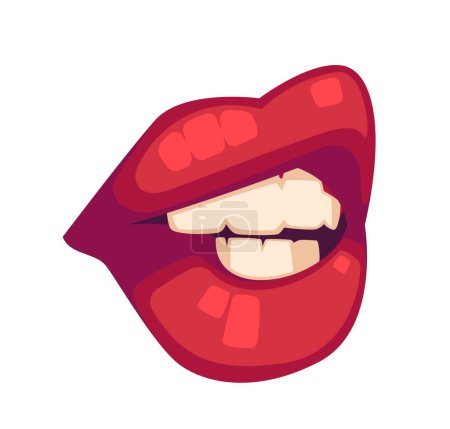 Téléchargez les illustrations : Femme bouche mordant lèvre. Lèvres sensuelles dodues avec rouge à lèvres rouge. Expression d'incertitude, d'inquiétude ou de réflexion. Manifestation émotionnelle isolée sur fond blanc. Illustration vectorielle de bande dessinée - en licence libre de droit