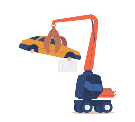 Téléchargez les illustrations : Crane Manipulator Machine Lifting and Moving Car without Wheels. Transport Equipment for Moving Scrap Metal. Disposal of Crashed Auto Isolated Icon on White Background. Cartoon Vector Illustration - en licence libre de droit