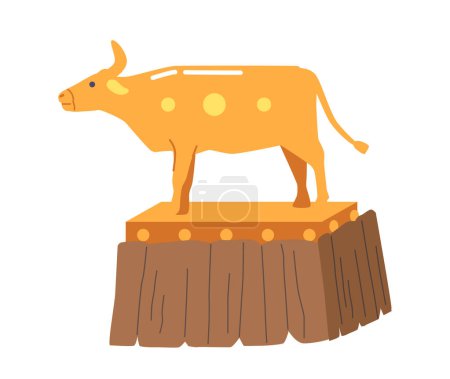 Illustration for Golden Taurus Standing on Wooden Pedestal. Idol Created by Ancient Jews in Desert for Worship. Betrayal by God Chosen People Isolated on White Background. Cartoon Vector Illustration - Royalty Free Image