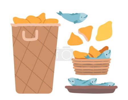Téléchargez les illustrations : Baskets and Tray with Blessed Food. Fish and Loaves of Bread Icons Set. Endless food, with which Son of God Fed Crowd of Hungry People. Biblical Story about Miracle. Cartoon Vector Illustration - en licence libre de droit