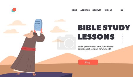 Illustration for Bible Study Lessons Landing Page Template. Moses Character Holding Tablets of Stone with Ten Commandments at Mount Sinai. God Giving Principles Relating to Worship. Cartoon People Vector Illustration - Royalty Free Image