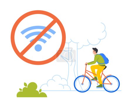 Ilustración de Digital Detox, No Wi-Fi Concept with Smiling Young Man Character Riding Bicycle. Cheerful Adult Resting in Park. Interesting Pastime without Internet in Nature. Cartoon People Vector Illustration - Imagen libre de derechos