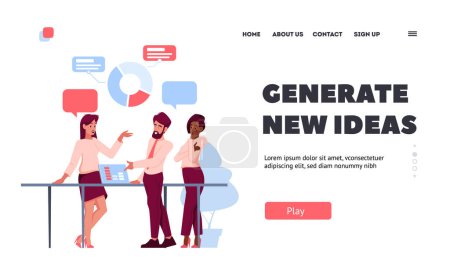 Téléchargez les illustrations : Business Project Landing Page Template. Young Office Workers Characters Enthusiastically Discussing and Generate Ideas. Creative Man and Women Offer Develop Company Plan. Cartoon Vector Illustration - en licence libre de droit