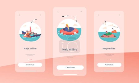 Illustration for Help Online Mobile App Page Onboard Screen Template. Frightened Tourists Characters Need Help at Sea. Emergency Assistance in Extreme Situations Concept. Cartoon People Vector Illustration - Royalty Free Image