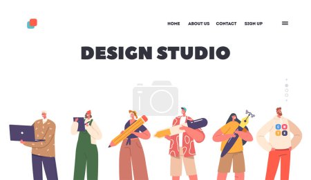 Ilustración de Design Studio Landing Page Template. Creative People Team with Tools for Making Pictures. Characters Stand in Row with Laptop, Tablet, Pencil, Nib Pen and Pipette. Cartoon Vector Illustration - Imagen libre de derechos