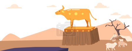 Illustration for Large Golden Taurus Standing on Pedestal in Desert. Ancient Jews Statue of Domestic Animal for Worship. Famous Biblical Narrative about Sin of Creating Idol. Cartoon Vector Illustration - Royalty Free Image