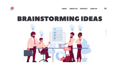 Illustration for Brainstorming Ideas Landing Page Template. Entrepreneur Characters Meeting in Office. Men and Woman Thinking about New Business Project. People Creating Startup Plan. Cartoon Vector Illustration - Royalty Free Image