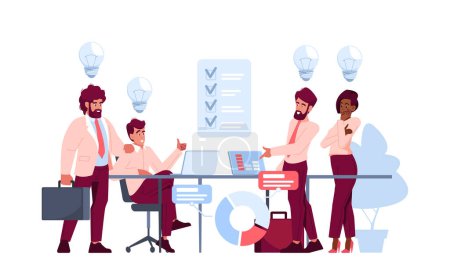 Ilustración de Entrepreneur Characters Brainstorming at Meeting in Office. Young Men and Woman Thinking about New Business Ideas. People Creating Startup Project Implementation Plan. Cartoon Vector Illustration - Imagen libre de derechos