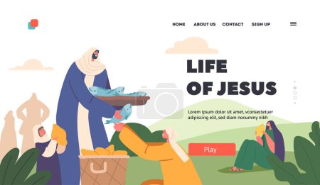 Illustration for Life of Jesus Christ Landing Page Template. Apostle Giving Food to Woman and Son. Character Feeding Hungry Hearers with Five Loaves and Two Fish, Biblical Miracle. Cartoon People Vector Illustration - Royalty Free Image