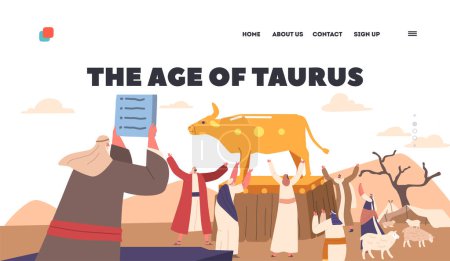 Téléchargez les illustrations : The Age of Taurus Landing Page Template. Moses Character Holding Ten Commandments. Ancient Jews Creating Idol and Worshiping of Golden Taurus. Biblical Story about Sin. Cartoon Vector Illustration - en licence libre de droit