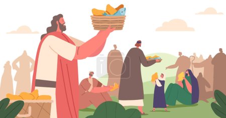 Illustration for Jesus and Followers Characters Distribute Bread and Fish to People. Biblical Narrative about Feeding Hungry Crowd with Small Amount of Food. God Performed Miracle. Cartoon People Vector Illustration - Royalty Free Image