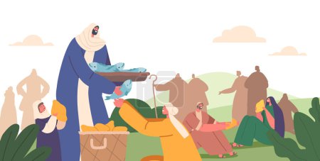 Illustration for Jesus Christ Apostle Character Giving Food to Woman and her Son. Feeding Hungry Hearers with Five Loaves and Two Fish Biblical Miracle. Giving Food to Believers. Cartoon People Vector Illustration - Royalty Free Image