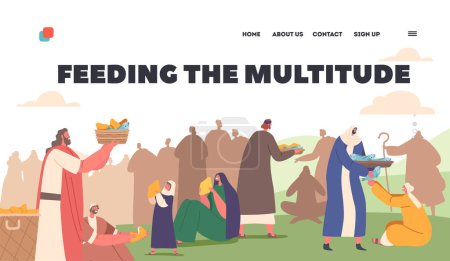 Illustration for Feeding the Multitude Landing Page Template. Jesus Christ and Apostles Characters Feeding Hungry Crowd with Five Loaves and Two Fish. Giving Food to Followers. Cartoon People Vector Illustration - Royalty Free Image