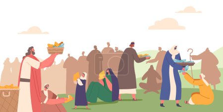 Illustration for Jesus Christ Apostles Characters Feeding Hungry Crowd with Five Loaves and Two Fish. Giving Food to Believers and Followers. Biblical Story about God Miracle. Cartoon People Vector Illustration - Royalty Free Image