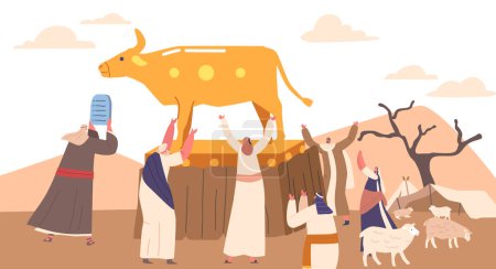 Illustration for Moses Holds up Tablets with Ten Commandments. Israelites Betraying God by Worshiping Idol of Golden Taurus and Dancing around Domestic Animal in Desert. Cartoon People Vector Illustration - Royalty Free Image