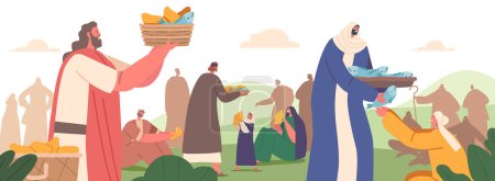 Illustration for Apostles of Jesus Christ Characters Give Food to Hungry Crowd. Feeding Hearers of Prophet with Five Loaves and Two Fish. Biblical Story about God Creating Miracle. Cartoon People Vector Illustration - Royalty Free Image