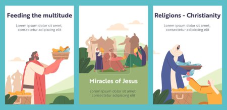 Illustration for Miracles of Jesus Christ Described in Bible Banners. Multiplication of Five Loaves and Two Fishes Character Concept. Sharing Food with Believers. Cartoon People Vector Illustration, Religious Posters - Royalty Free Image