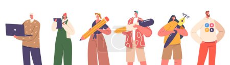Ilustración de Creative People Characters Team with Tools for Making Pictures. Men and Women Stand in Row with Laptop, Tablet, Pencil, Nib Pen and Pipette Isolated on White Background. Cartoon Vector Illustration - Imagen libre de derechos