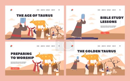 Téléchargez les illustrations : Worship to Golden Taurus Landing Page Template Set. Moses Character Hold Ten Commandments. Ancient Jews Create Idol and Worshiping to Gold Taurus. Biblical Story about Sin. Cartoon Vector Illustration - en licence libre de droit