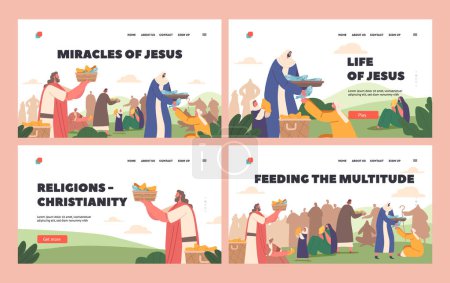 Illustration for Miracles of Jesus Christ Landing Page Template Set. Apostles Give Food to Hungry Crowd. Feeding Hearers of Prophet with Five Loaves and Two Fish, Biblical Story. Cartoon People Vector Illustration - Royalty Free Image