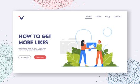 Téléchargez les illustrations : How to Get More Likes Landing Page Template. Young Man and Woman Characters Share Likes on Social Network. Remote Communication, Expressing Emotions in Internet. Cartoon People Vector Illustration - en licence libre de droit