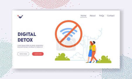 Téléchargez les illustrations : Digital Detox Landing Page Template. Family Couple Walking in Green Park. Young Man and Woman Characters Spend Time Together in Nature Without Devices and Wi-Fi . Cartoon People Vector Illustration - en licence libre de droit