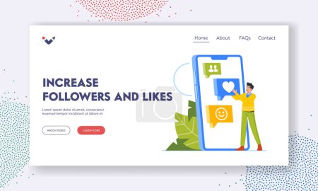 Téléchargez les illustrations : Increase Followers and Likes Landing Page Template. Smiling Young Man Choose Heart Reaction on Mobile Phone Screen. User Communication in Internet Social Networks. Cartoon People Vector Illustration - en licence libre de droit