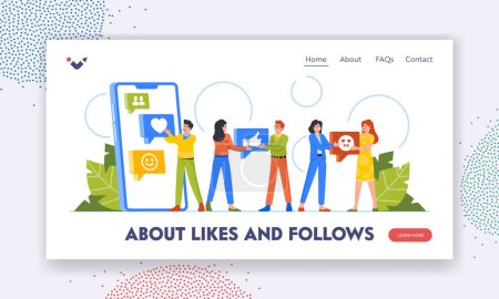 Illustration for Young People Share Likes in Social Networks Landing Page Template. Characters Chat through Internet Site, Use Modern Remote Communication Devices and Social Media Services. Cartoon Vector Illustration - Royalty Free Image