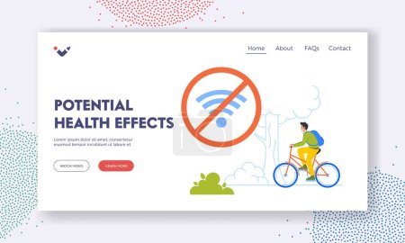 Illustration for Potential Health Effects of Pastime without Internet in Nature Landing Page Template. Digital Detox, No Wi-Fi Concept with Man Riding Bicycle, Resting in Park. Cartoon People Vector Illustration - Royalty Free Image