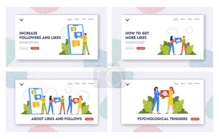 Ilustración de Likes in Social Networks Landing Page Template Set. Characters Chat through Internet Site, Use Modern Remote Communication Devices and Social Media Services. Cartoon People Vector Illustration - Imagen libre de derechos