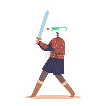 Ilustración de Fantasy Warrior Wearing Virtual Reality Glasses Holding Sword during Multi-player Online Roleplaying Game. Isolated Player Male Character Explore Virtual World. Cartoon Vector Illustration - Imagen libre de derechos