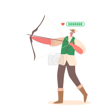 Ilustración de Fantasy Archer Wearing Virtual Reality Glasses and Costume of Robin Hood Shooting with Bow. Male Character Playing in Massive Multiplayer Online Role-playing Game. Cartoon Vector Illustration - Imagen libre de derechos