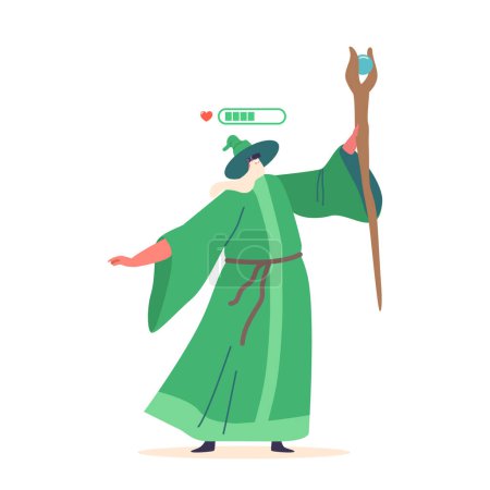 Illustration for Wizard in Virtual Reality Massively Multiplayer Online Role-playing Game. Isolated Sorcerer Wear Green Robe and Pointed Hat Holding Staff with Battery Level over the Head. Cartoon Vector Illustration - Royalty Free Image