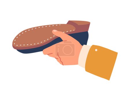 Illustration for Shoemaker Hand Holding Brown Leather Shoe, Fingers Grip Edge of Sole with Stitches, Thumb Pressed Against Side Isolated on White Background. Cartoon Vector Illustration - Royalty Free Image