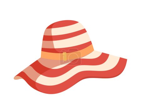 Illustration for Female Panama Hat with Wide Brim of Natural Textile Material, Red and White Colored Stripes, Ribbon Band And Bow. Classic Summer Accessory For Sun Protection And Style. Cartoon Vector Illustration - Royalty Free Image