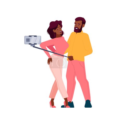 Ilustración de Pareja joven tomando selfie, hombre y mujer aislados de pie juntos sosteniendo Smartphone en frente de sus caras sonrientes. Momentos felices, recuerdos juntos. Dibujos animados Gente Vector Ilustración - Imagen libre de derechos