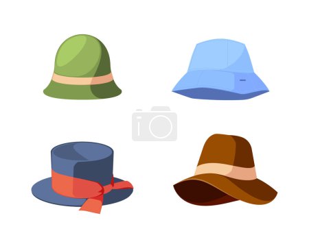 Téléchargez les illustrations : Variety Of Women Hats In Different Colors And Styles, Graphics Collection Of Hats For Various Purposes And Fashion Styles. Retro Top Hat with Ribbon, Panama And Fedora. Cartoon Vector Illustration - en licence libre de droit