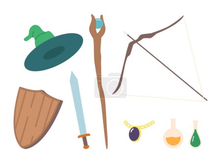 Illustration for Set of Fantasy Armor and Wizardry Items. Sorcerer Hat, Potion Bottle, Flask and Magic Staff. Wooden Shield, Sword and Bow with Jewelry Necklace Isolated Icons. Cartoon Vector Illustration - Royalty Free Image