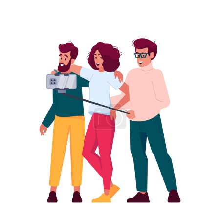 Ilustración de Group Of Diverse Friends Taking Selfie, Laughing, Smiling, Having Fun Together, Using Smartphone Isolated On White Background. Unity, Friendship, Happiness Concept. Cartoon People Vector Illustration - Imagen libre de derechos