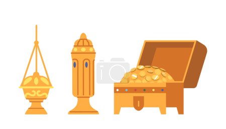 Illustration for Frankincense, Gold And Myrrh Gifts Of Magi, Traditional Symbols Of Wealth, Spirituality, And Healing. Depicted In Ornate Vessels and Open Box, Story Of Three Wise Men Bringing Gifts To Baby Jesus - Royalty Free Image