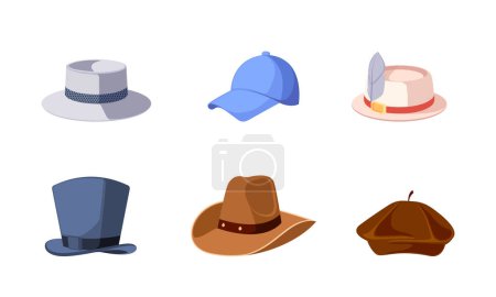 Vielzahl von Hüten in verschiedenen Farben und Stilen, einschließlich Baseball Cap, Retro-Zylinder und Fedora. Graphics Sammlung von Hüten für verschiedene Zwecke und Mode-Stile. Zeichentrickvektorillustration