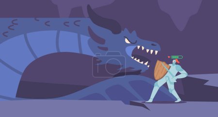 Ilustración de Person Wearing Knight Costume Virtual Reality Headset Playing Mmorpg Video Game Fighting with Dragon in Cave. Concept of Entertainment, Adventure, Multiplayer Gaming. Cartoon Vector Illustration - Imagen libre de derechos