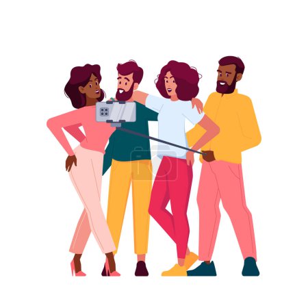 Téléchargez les illustrations : Group of Friends Taking Selfie, Smiling, Holding Camera. Men and Women of Diverse Ages and Races Stand Together. Youth, Diversity, Social Media, Photography Concept. Cartoon People Vector Illustration - en licence libre de droit