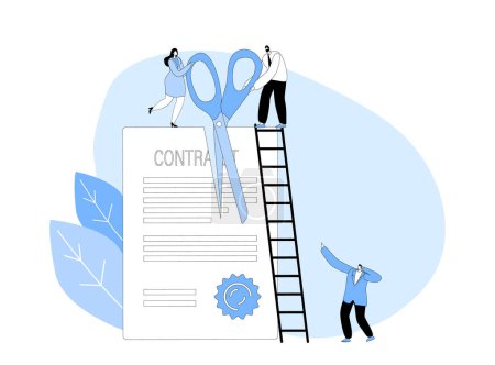 Ilustración de Tiny Male and Female Characters with Huge Scissors Standing on Ladder Cutting Document, Terminated Contract Paper Sheet with Stamp. Ending Of Agreement Concept. Cartoon People Vector Illustration - Imagen libre de derechos