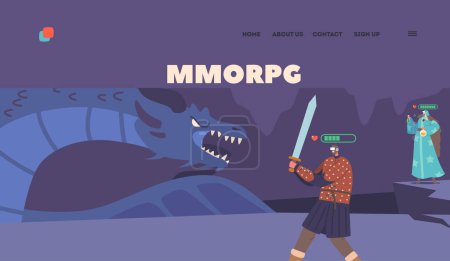 Illustration for Mmorpg Landing Page Template. Characters in Fantasy Attire and Virtual Reality Headset Playing Video Game. Warrior and Wizard Fight with Dragon in Immersive Digital World. Cartoon Vector Illustration - Royalty Free Image
