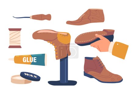 Illustration for Set of Boarding Tools with Making and Fixing Shoes. Lasts, Awl, Glue, Shoe, Wax and Polish Isolated On White Background. Shoemaker Hands Holding Boot. Cartoon Vector Illustration - Royalty Free Image