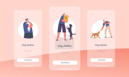 Illustration for Volunteers In Dog Shelter Mobile App Page Onboard Screen Template. Characters Interacting With Animals, Playing, Petting And Caring For Them. Animal Welfare Concept. Cartoon People Vector Illustration - Royalty Free Image