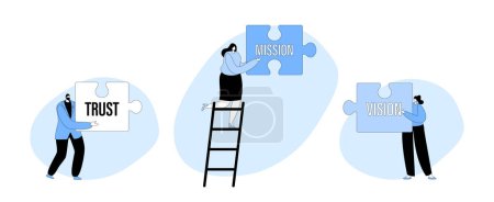 Illustration for Core Values Concept. Tiny Businesspeople Characters Stand on Ladder Holding Huge Puzzle Piece with Basic Social and Business Principles Mission, Trust and Vision. Cartoon People Vector Illustration - Royalty Free Image