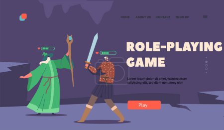 Ilustración de Role Playing Game Landing Page Template. Wizard and Fantasy Warrior Wearing Virtual Reality Headset Fighting while Playing Mmorpg Video Game in 3d Digital Cyberspace World. Cartoon Vector Illustration - Imagen libre de derechos